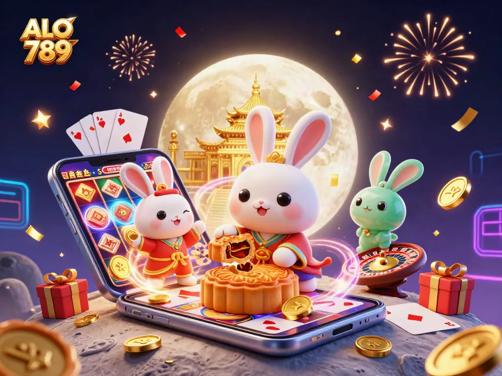 Engage with ALO 789 as the moon rabbit celebrates with poker chips and golden coins in a dynamic casino scene.