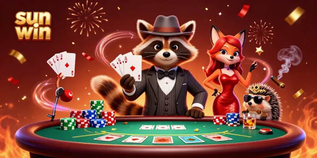 Experience the thrill of sun win with a suave raccoon and his lady friend at a lively poker table.