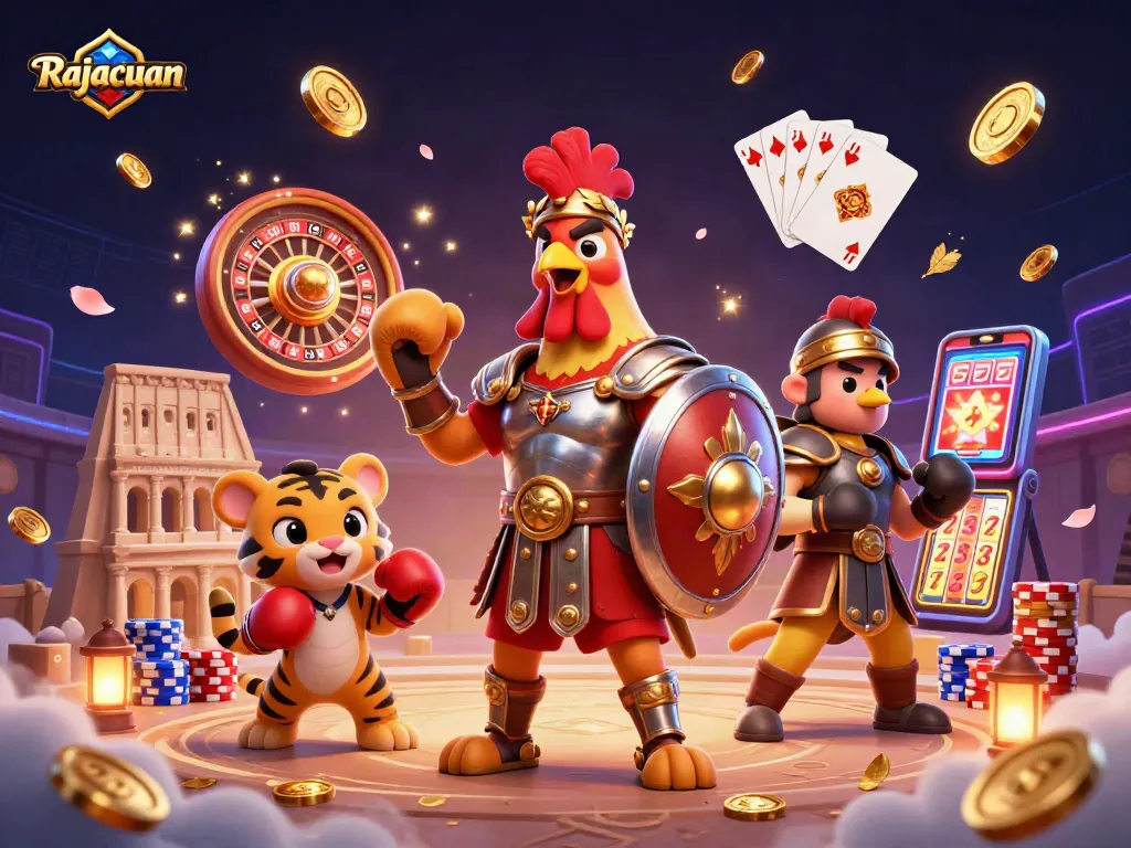 Rajacuan's thrilling gaming adventure showcases a gladiator rooster and playful cub amid cascading coins and vibrant slots.