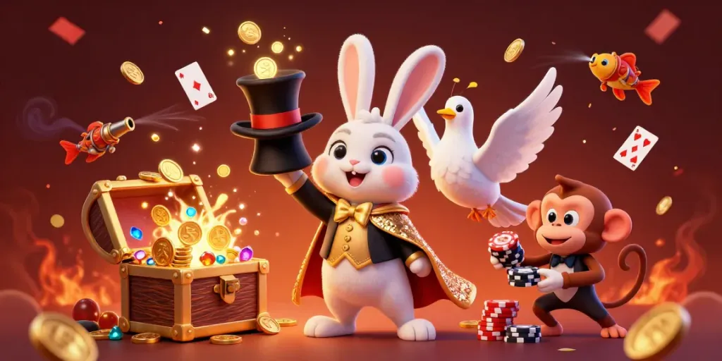 Experience the excitement of top nhà cái uy tín with a whimsical 3D illustration of a magician rabbit pulling coins.