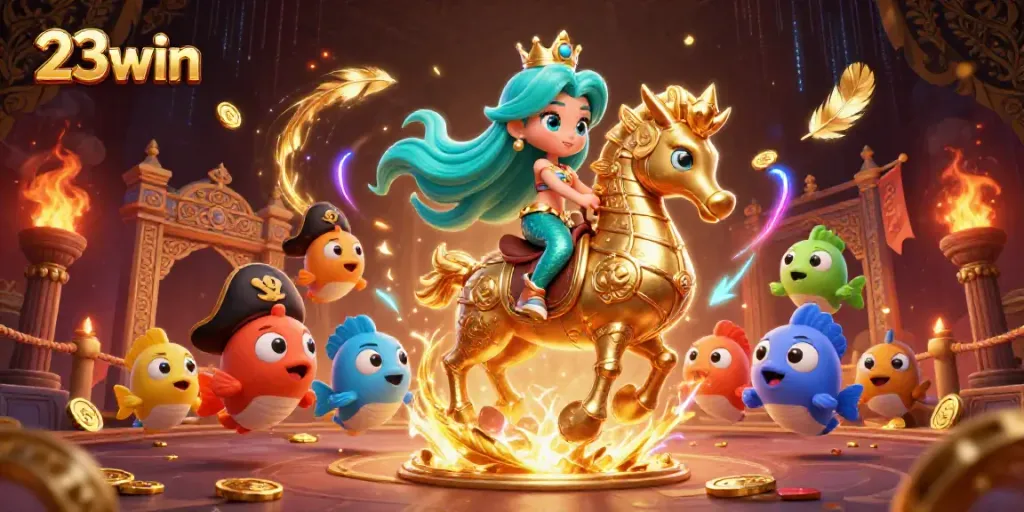 Witness the excitement of 23win with a mermaid princess and seahorse in a vibrant underwater casino scene.