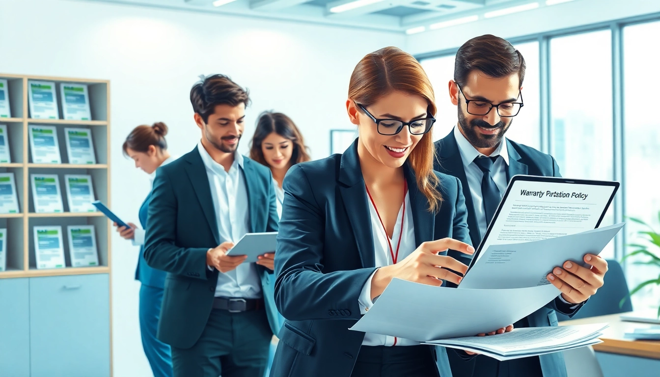 Showcase of warranty protection plans with professionals analyzing digital information, depicting trust and collaboration.