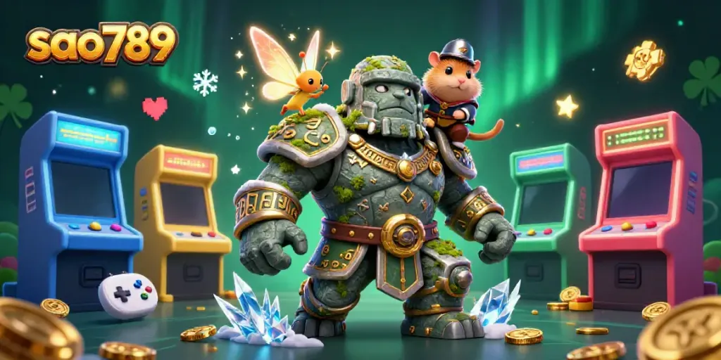 Experience thrilling gameplay at sao789 with a lively 3D scene featuring a magical golem and enchanting creatures.