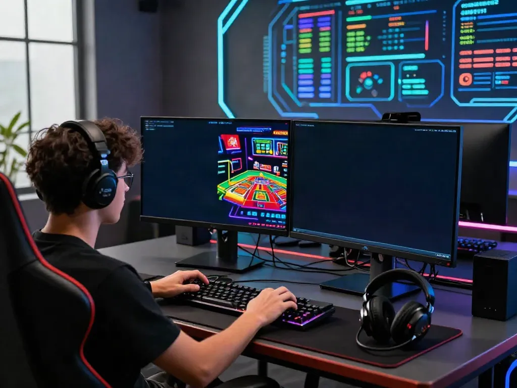 Dynamic gaming setup at QQMacan featuring online gaming visuals and cutting-edge technology.