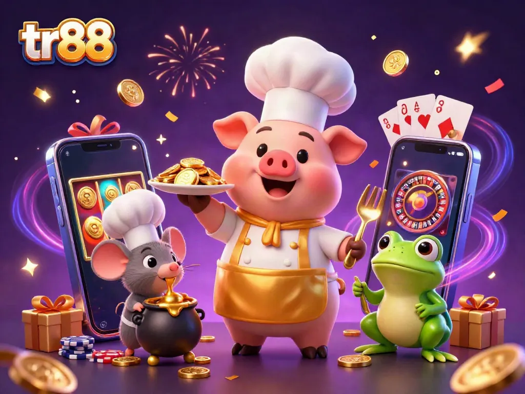 Experience thrilling entertainment at tr88 with a pig chef serving gold coins in a vibrant casino scene.