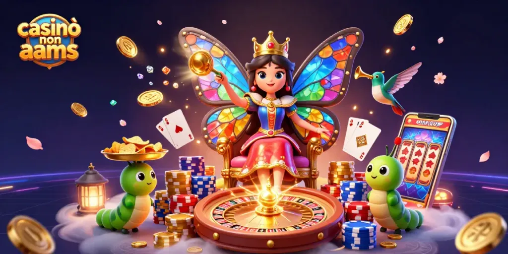 Casinò non aams: scopri un mondo colorato di giochi e premi con una regina delle farfalle nel casinò online.