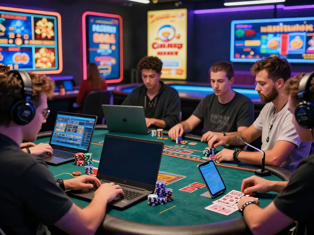 Players enjoying a thrilling online gaming experience at net88 casino, with vibrant screens and promotional banners.