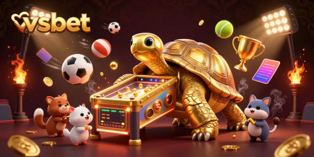 Experience the thrill of betting with vsbet's immersive 3D illustration featuring a golden tortoise pinball machine.