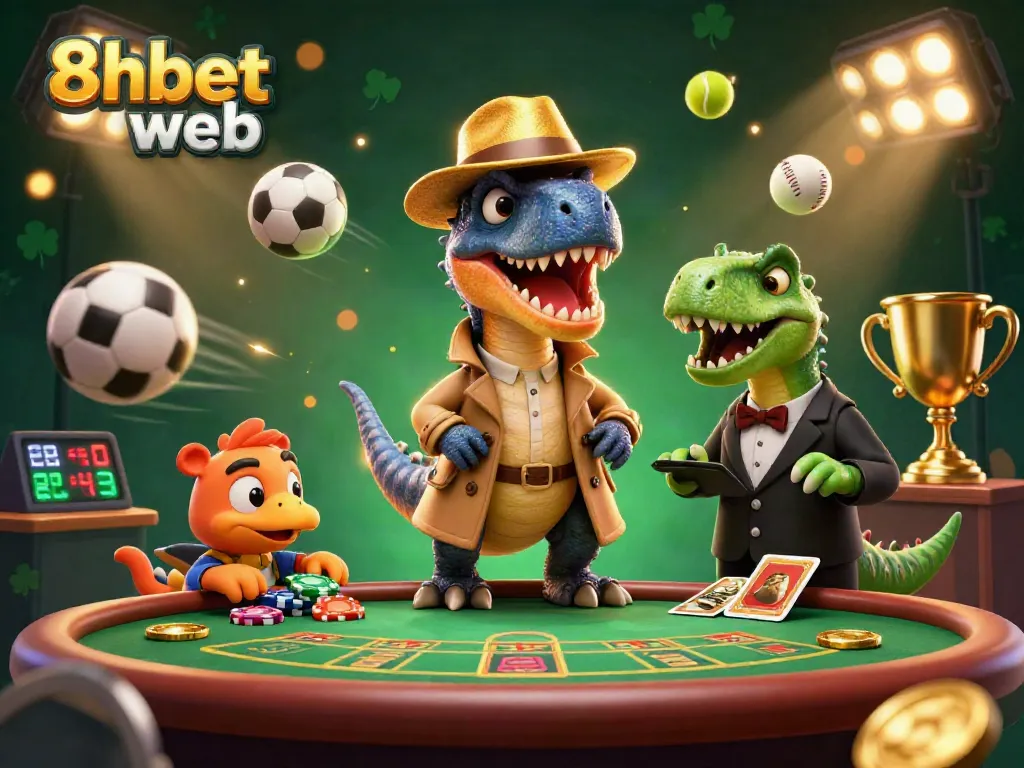 Experience thrilling gaming action with 8xbet web featuring playful dinosaurs at a blackjack table.
