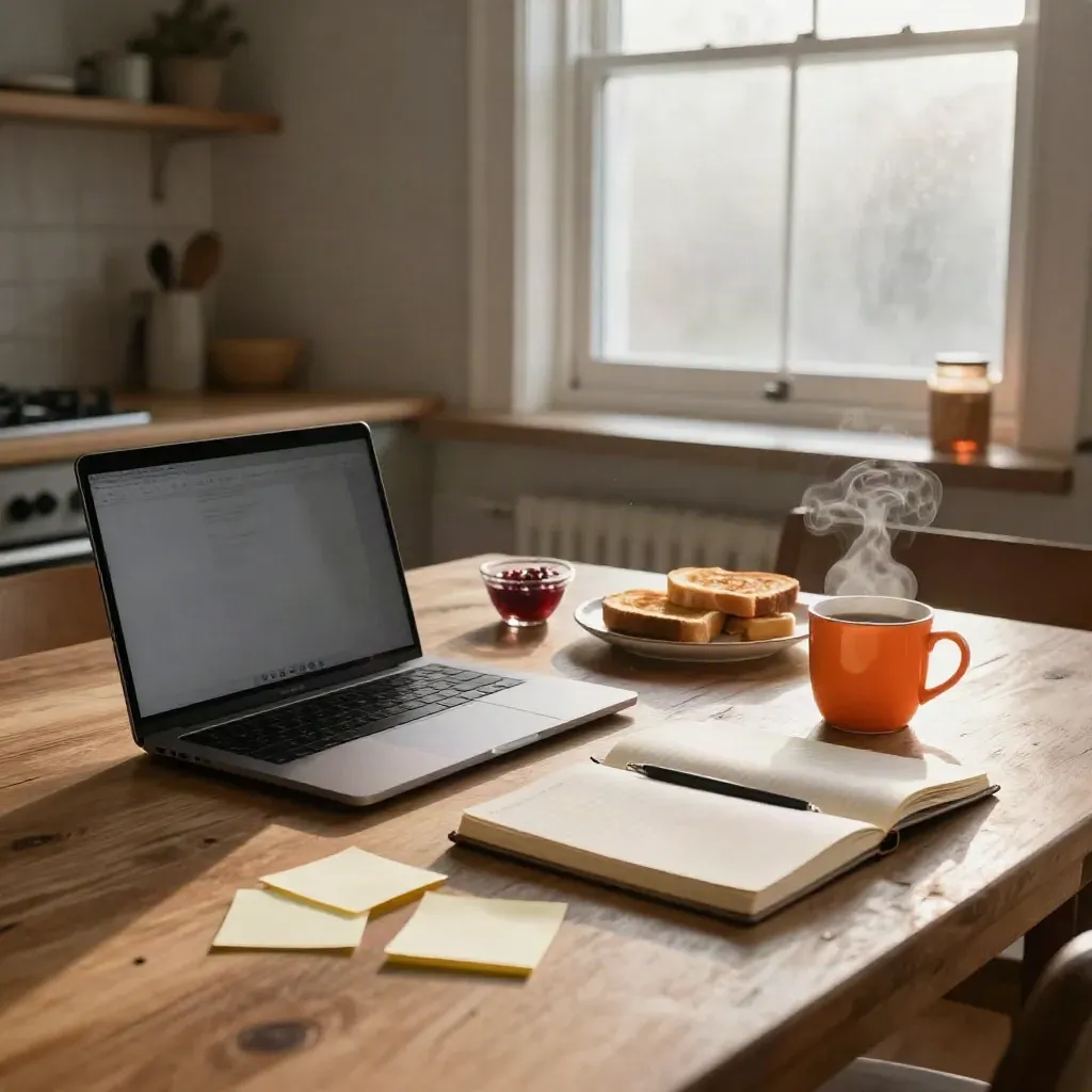 Dawn kitchen table with laptop, idea notebook, sticky notes, coffee steam and breakfast dishes.