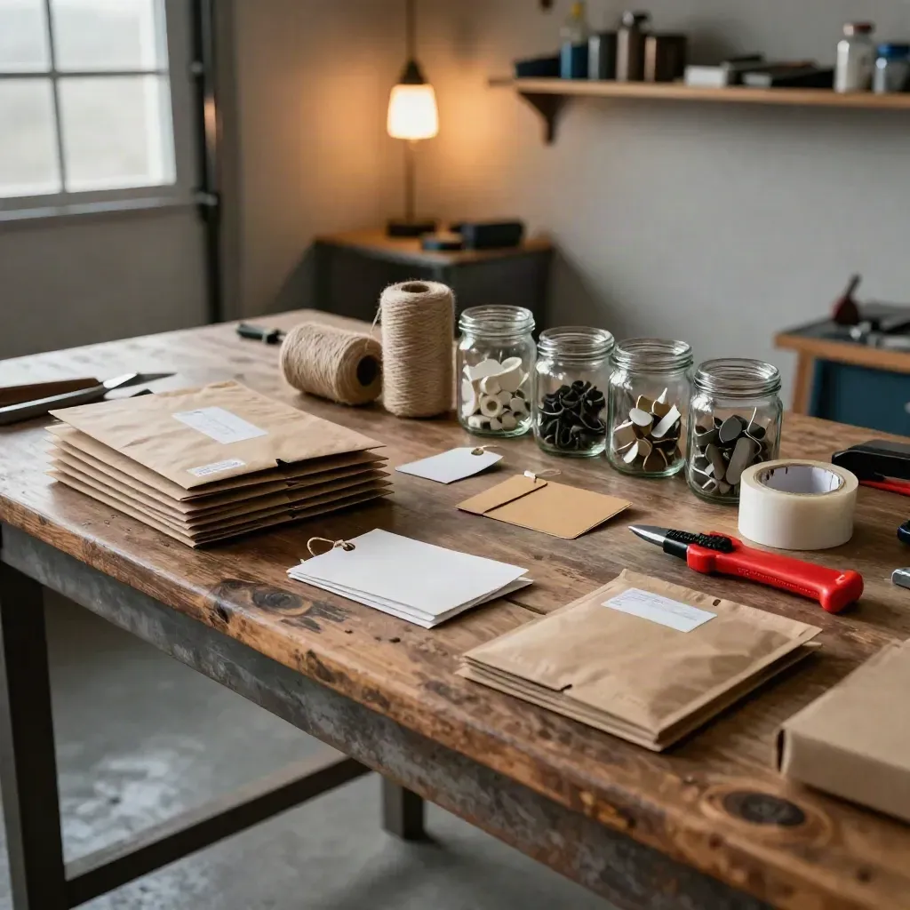 Garage workbench with mailers, twine, jars, tags, and sample pouches in warm evening light.