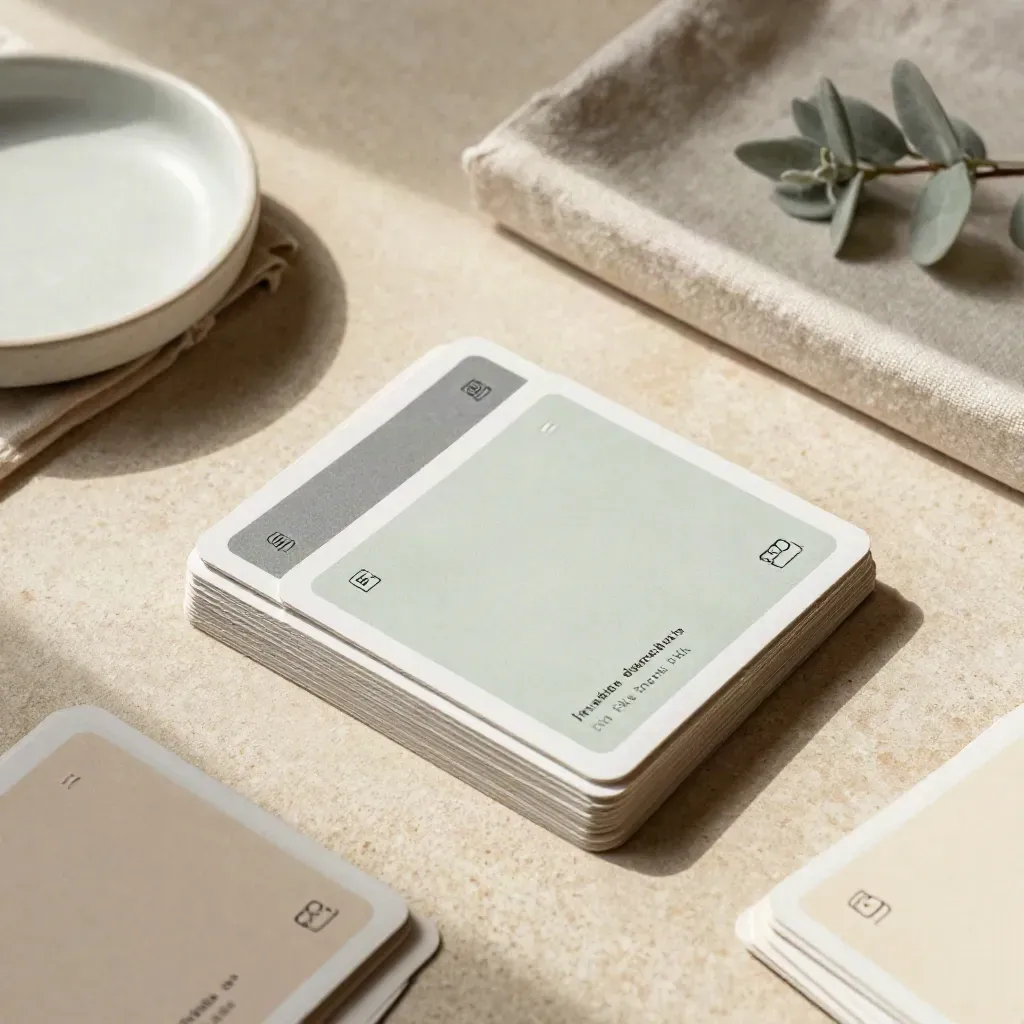 Top-down prompt deck on a stone tray with linen, dish, and small plant