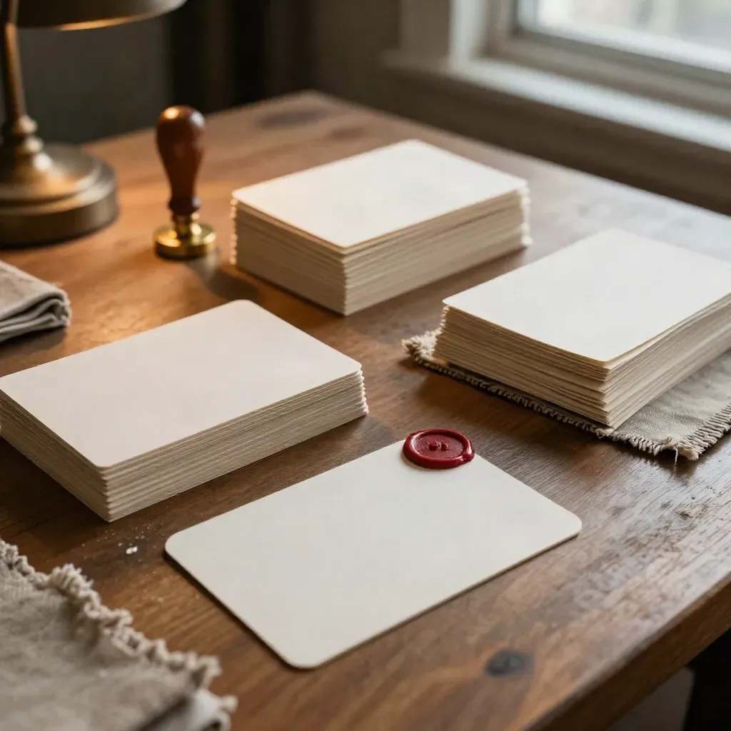 Top-down desk scene with name cards, tag blanks, wax seal stamp, and linen swatch in warm lamplight.