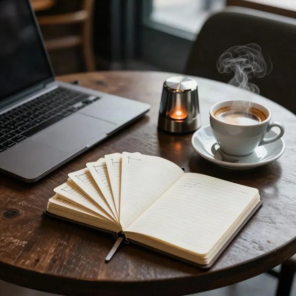Steam over a café table with laptop, hook cards, timer and espresso.