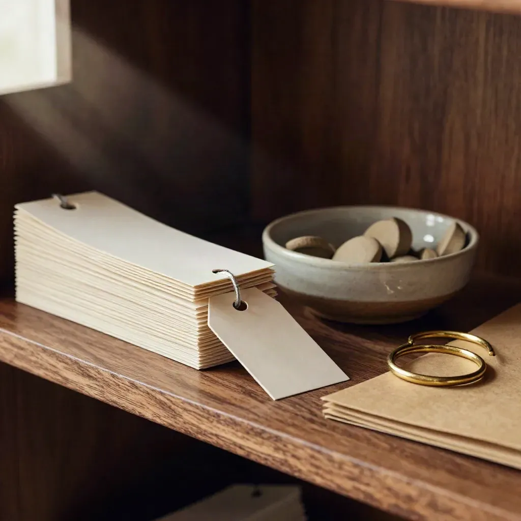 Macro of blank name tags, brass rings, and clay idea tokens on a walnut shelf