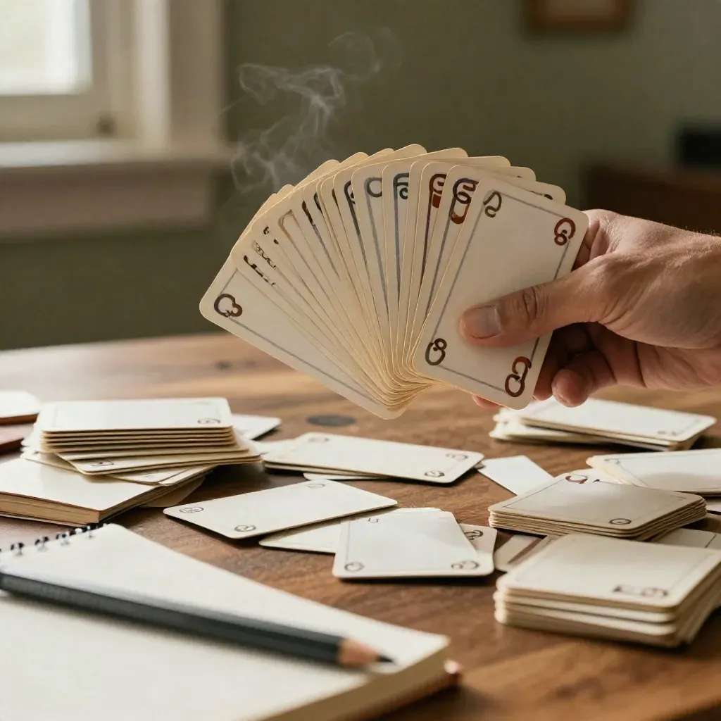Fan of cream hook cards on a walnut table with coffee ring, pencil, closed notebook, and soft steam