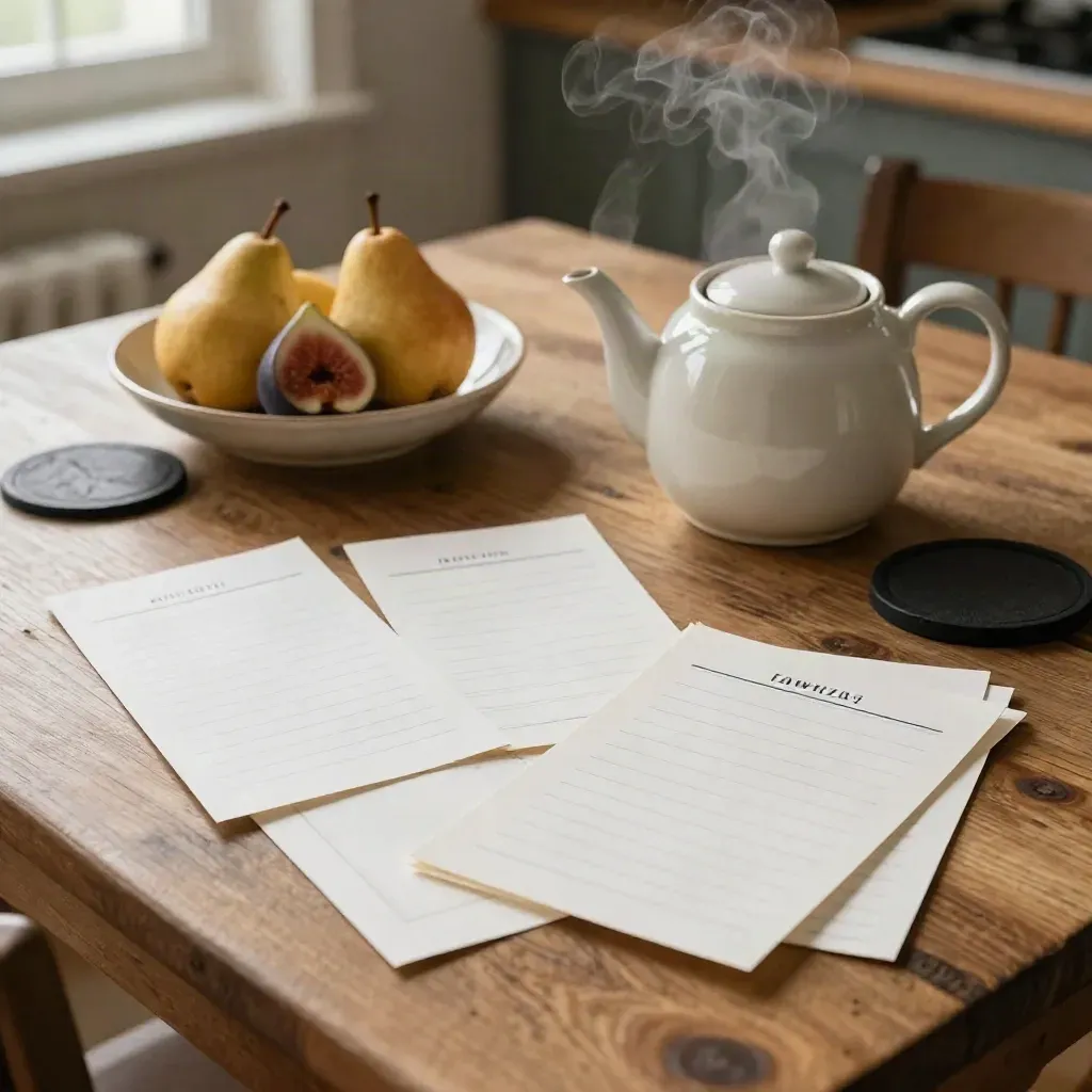 Breakfast planning spread with blank list cards, teapot, fruit bowl, and steam in warm window light.
