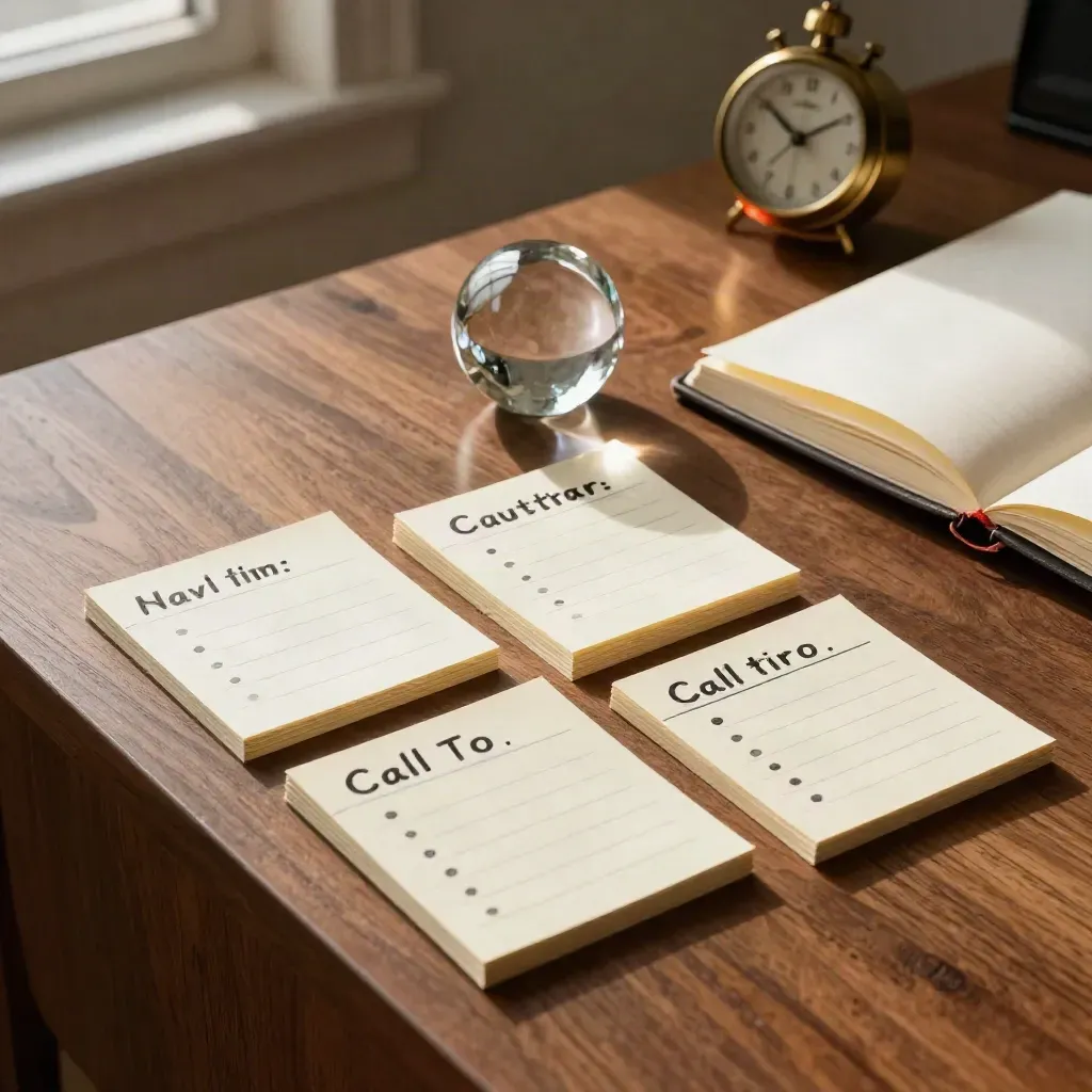 Overhead desk scene with prompt cards, paperweight, open notebook, and brass timer