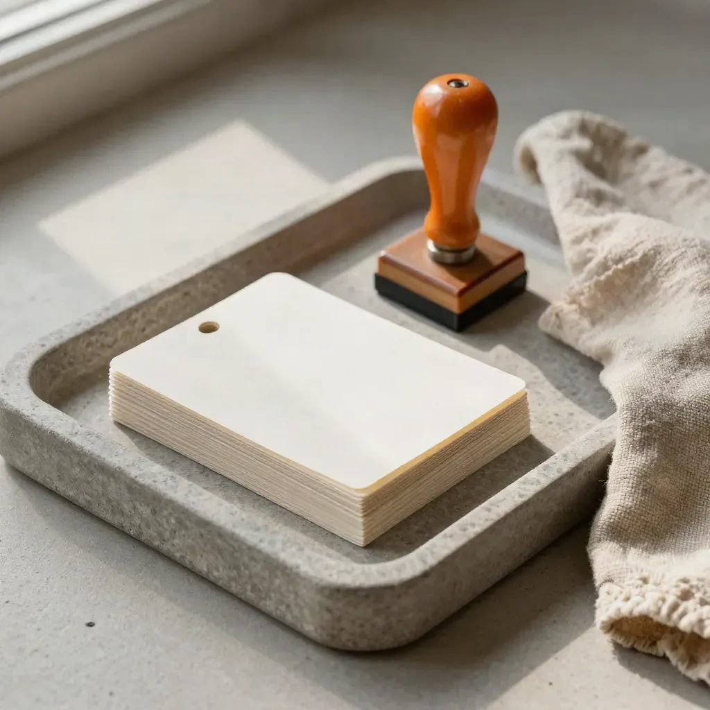 Stone tray with blank label tabs, rubber stamp, and folded linen cloth in soft window light.