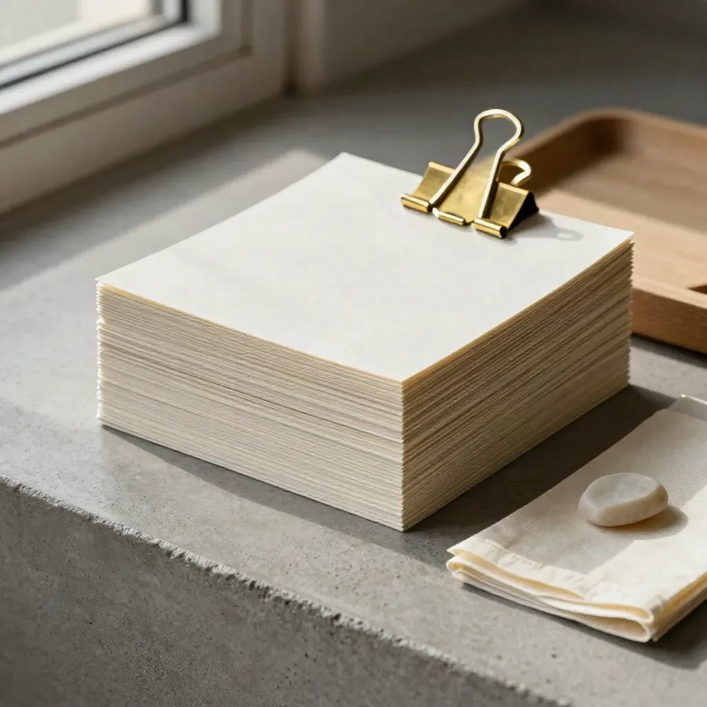 Blank idea cards clipped with brass binder clip on concrete, with linen and wood accents.