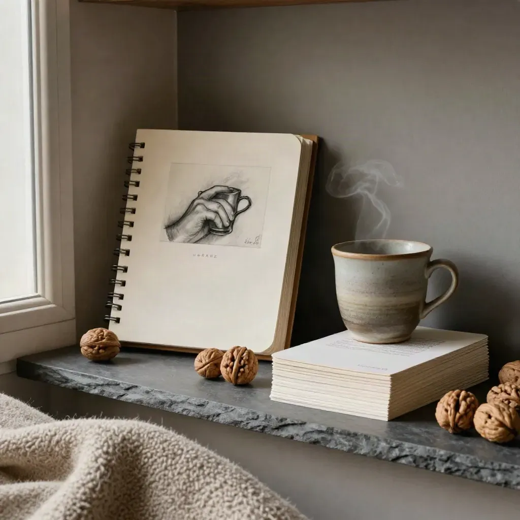 Walnut reading shelf with a prompt deck, steaming cup, and soft-edged cards.