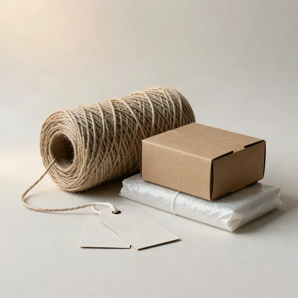 Twine, blank tags, and a parcel box on plaster for a side hustle still life.
