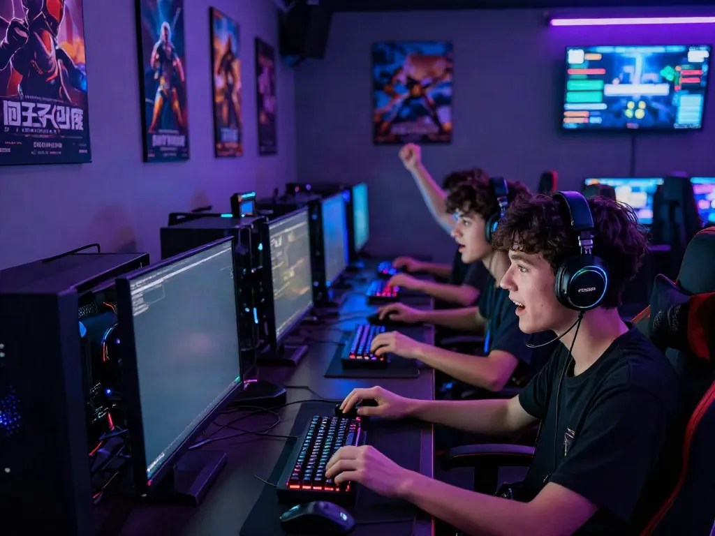 BRO138 gaming lounge showcasing young gamers immersed in high-performance gaming experience.