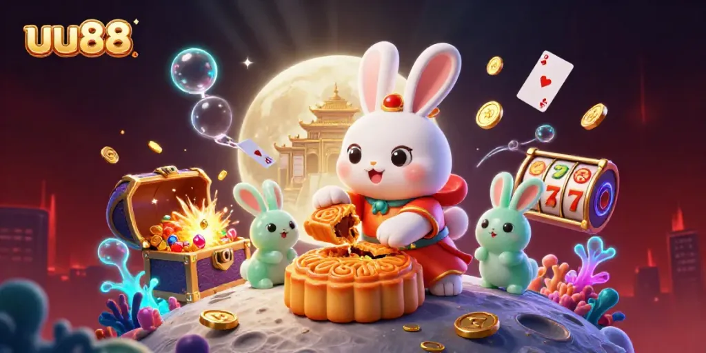 Spinning slot reels reveal hidden treasures as the uu88 moon rabbit wins big in a festive casino scene.
