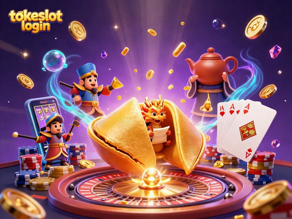 Experience the thrill of tokeslot login with a dynamic casino-themed 3D illustration featuring gaming elements.