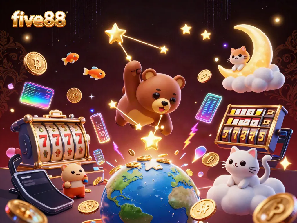 Exciting five88 gaming scene showcasing a constellation bear, neon coins, and slot elements.