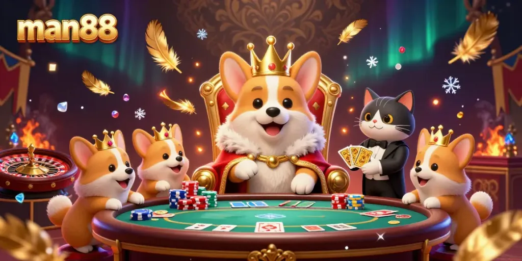 Experience the vibrant casino atmosphere with man88 at this royal-themed scene featuring a crowned corgi, poker elements, and sparkling details.