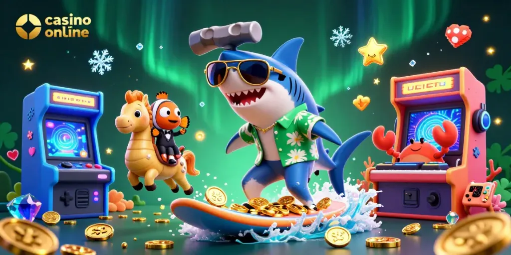 Disfruta de la diversión en un casino online español con un tiburón surfero y un DJ cangrejo.