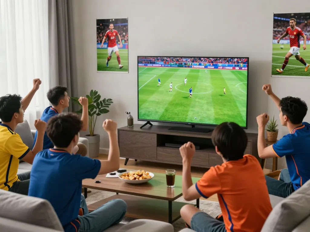 Fans enjoying live soccer match at home, engaging with friends and high-quality screen, featuring https://socolivekz.uk