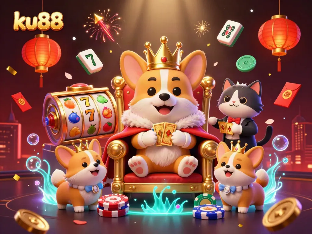 Experience a royal gaming atmosphere with ku88's cartoon corgi champions amid a vibrant casino scene.