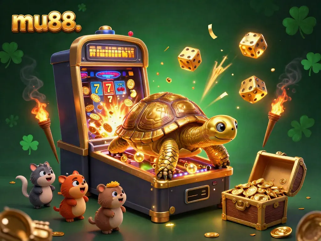 Win big with mu88. in this vibrant casino scene featuring a golden tortoise pinball machine and slot symbols.