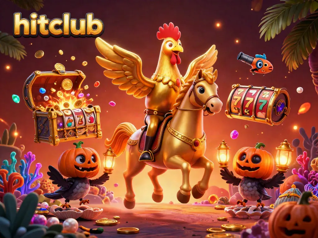 Hitclub's golden rooster mascot triumphantly rides through a vibrant casino scene full of treasures.
