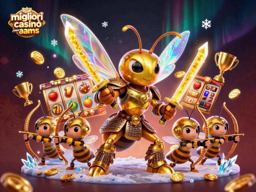I migliori casinò online non AAMS presentano un'illustrazione 3D con un'ape samurai e simboli di slot dinamici.