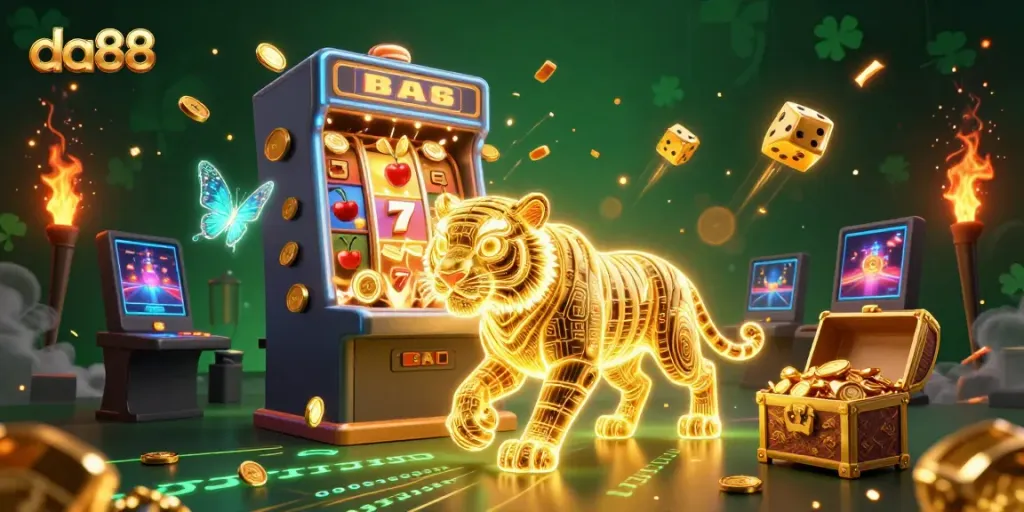 Experience thrilling jackpots with da88's vibrant casino atmosphere featuring an energetic digital tiger.