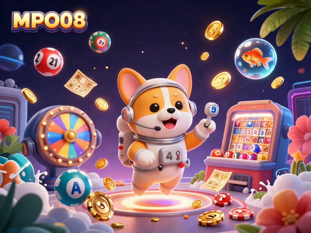 MPO08 gaming illustration featuring a corgi astronaut in a cosmic casino with vibrant gaming elements.