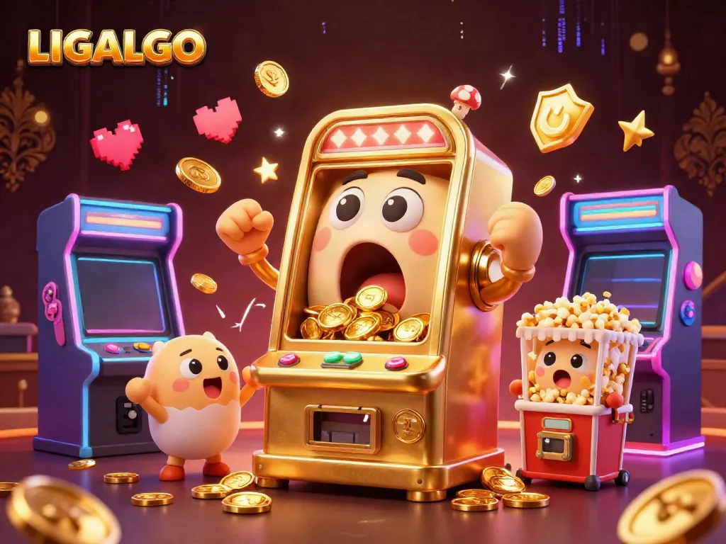LIGALGO golden slot machine hits jackpot, with baby slots and coins amidst arcade elements.