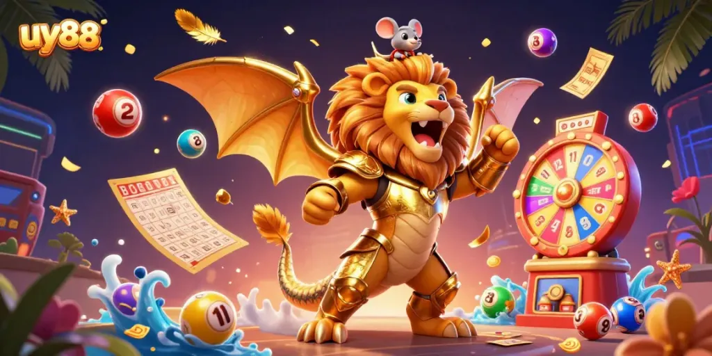 Experience the excitement of uy88 with a vibrant 3D scene featuring a triumphant chimera amidst colorful lottery elements.