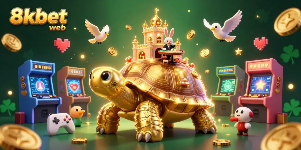 Experience winning thrills with 8xbet web where a golden tortoise hosts an exciting casino scene.