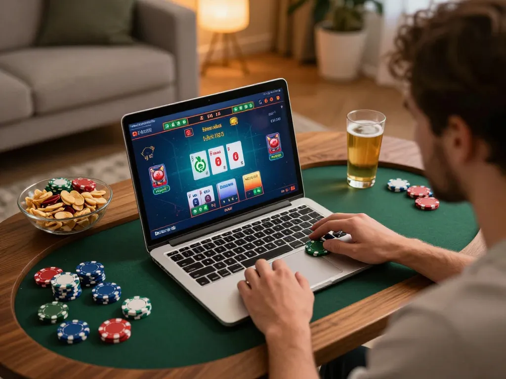 Engaging with a live dealer game on a laptop at home, showcasing nhà cái uy tín nhất hiện nay