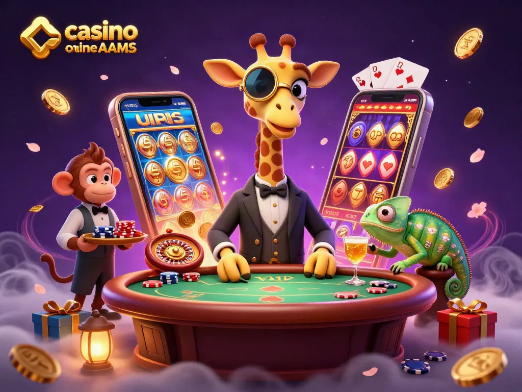 Gioca nei migliori casino online non AAMS con un'illustrazione vivace di un giocatore giraffa alto, un valet scimpanzé e un bartender camaleonte.