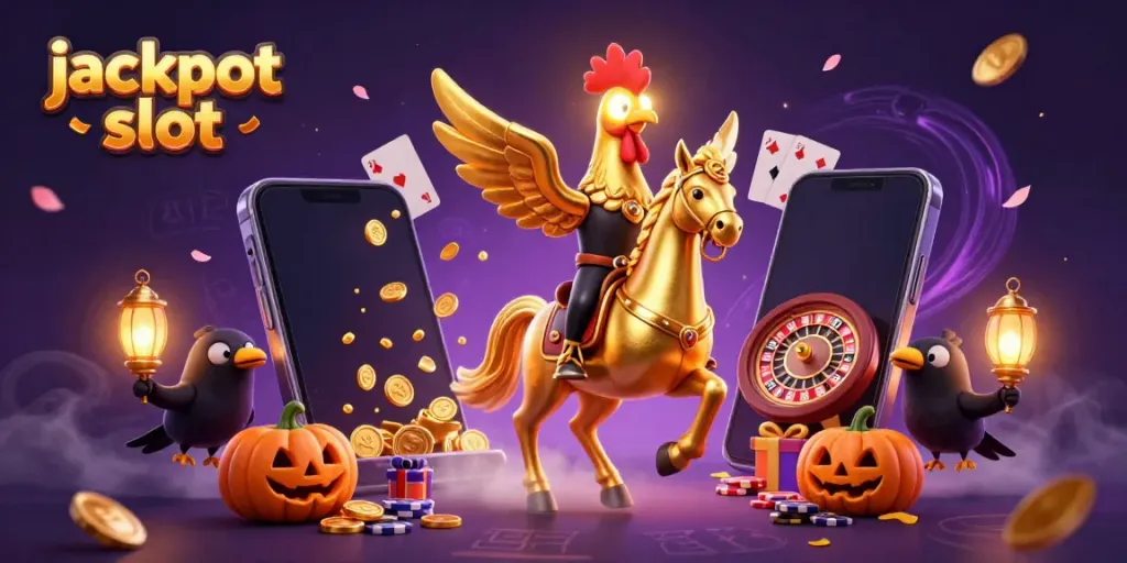 Engaging 3D scene showcasing a jackpot slot theme with a golden rooster and spectral horse amidst a vibrant casino atmosphere.