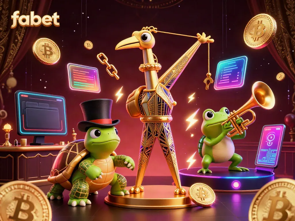 Experience the excitement of fabet with neon-lit 3D characters and crypto elements in a vibrant casino scene.