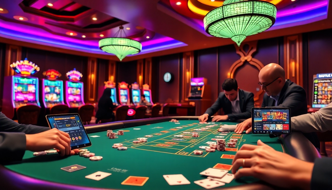 Alo789 players engaging in a thrilling blackjack game at a luxurious casino table showcasing casino chips and cards.