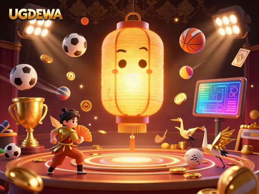 Experience the vibrant energy of UGDEWA with golden lantern spirits and dynamic sports elements in a lively casino setting.