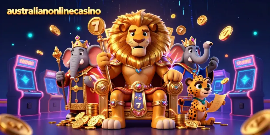 Experience thrilling casino action with the australianonlinecasino featuring a lion king, wise elephant, and cheetah.