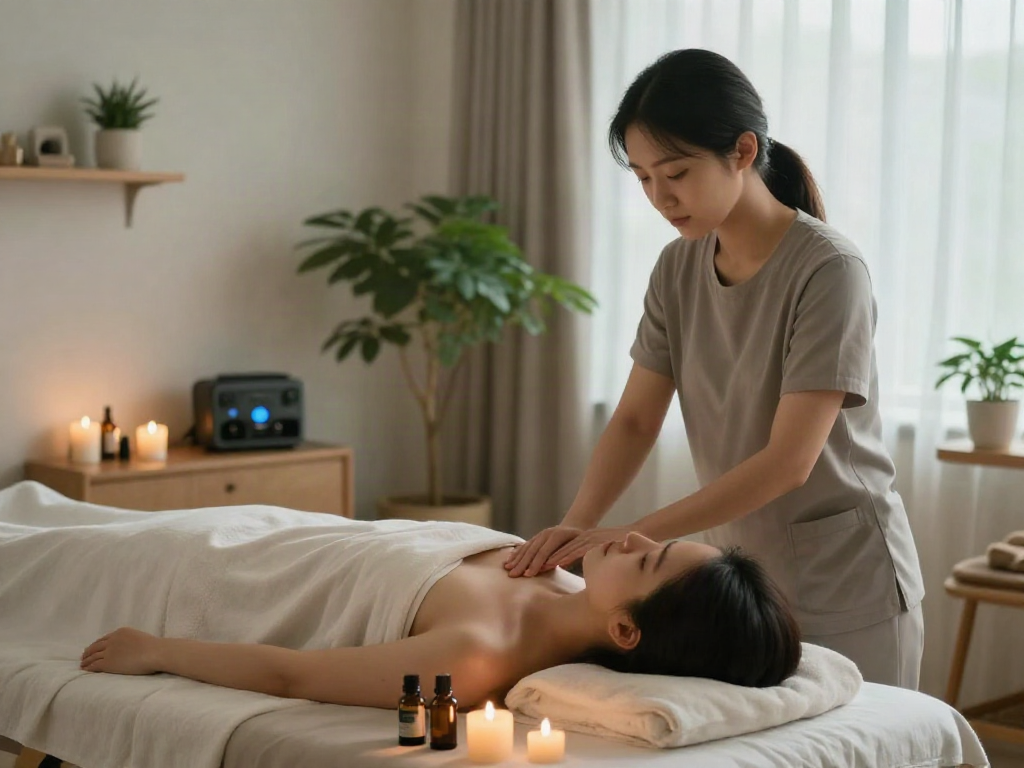 Client receiving 강북출장안마 therapy in serene home setting with calming decor.